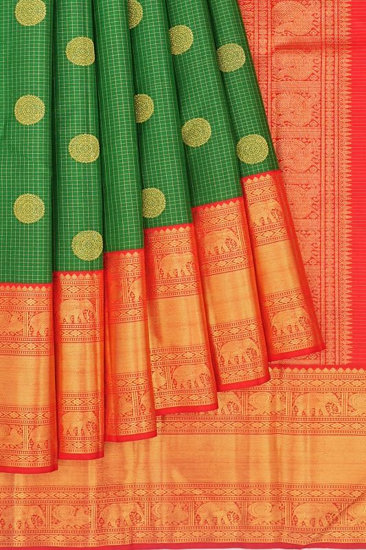 Kanchipuram Silk Checks And Butta Dark Green Saree