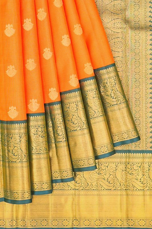 Kanchipuram Silk Checks And Butta Orange Saree