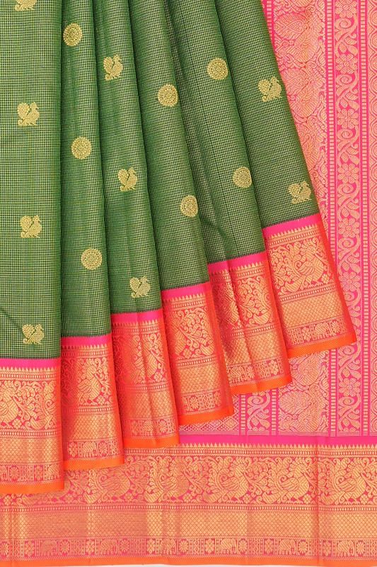 Kanchipuram Silk Checks And Butta Dark Green Saree