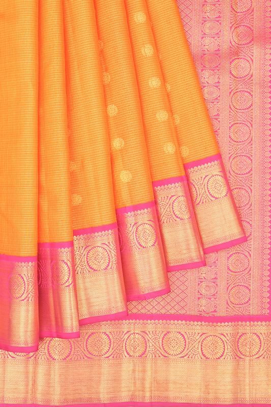 Kanchipuram Silk Checks And Butta Orange Saree