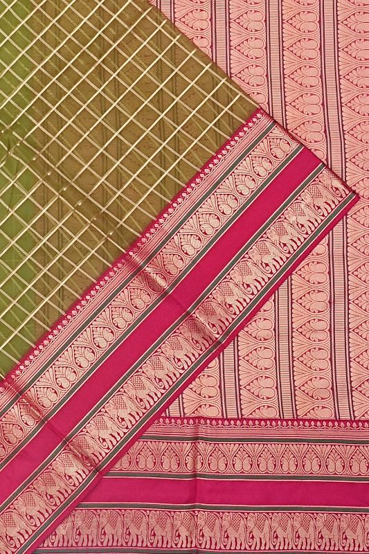 Kanchipuram Kora Organza Checks Mehandi Green Saree