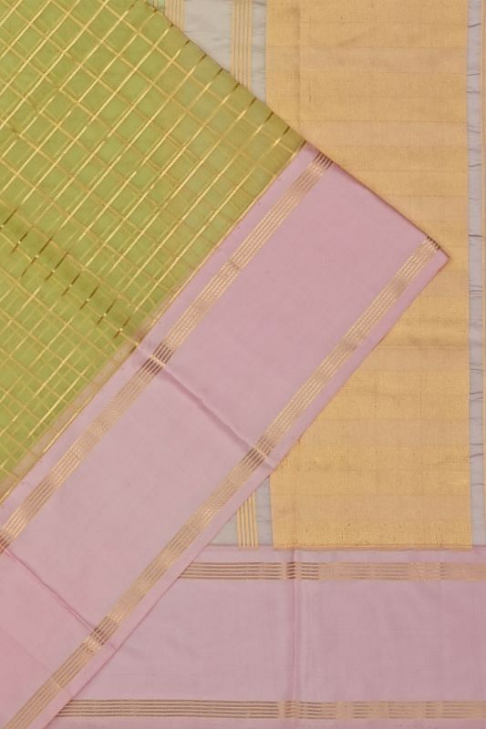 Kanchipuram Kora Organza Checks Pista Green Saree