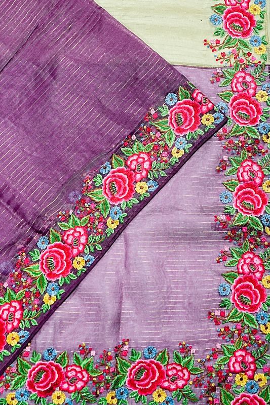 Organza Horizontal Lines Half And Half Cream And Purple Saree