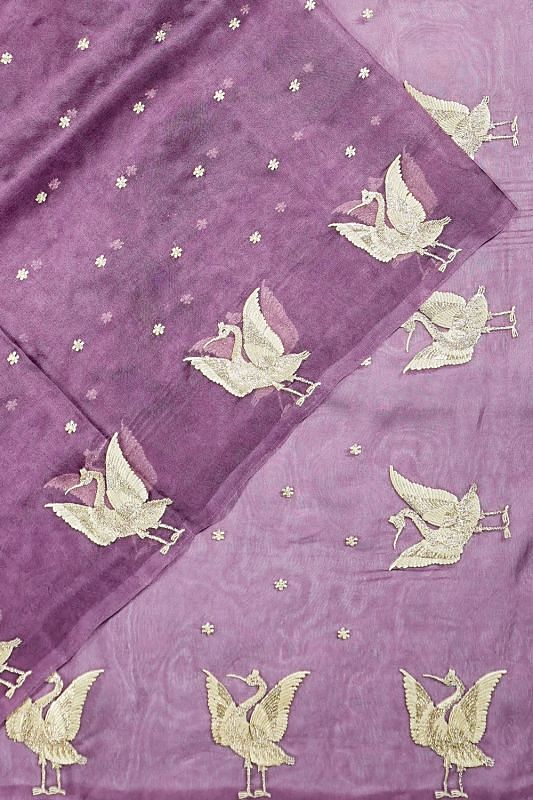 Organza Embroidery Butta Purple Saree