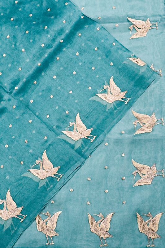 Organza Embroidery Butta Sea Blue Saree