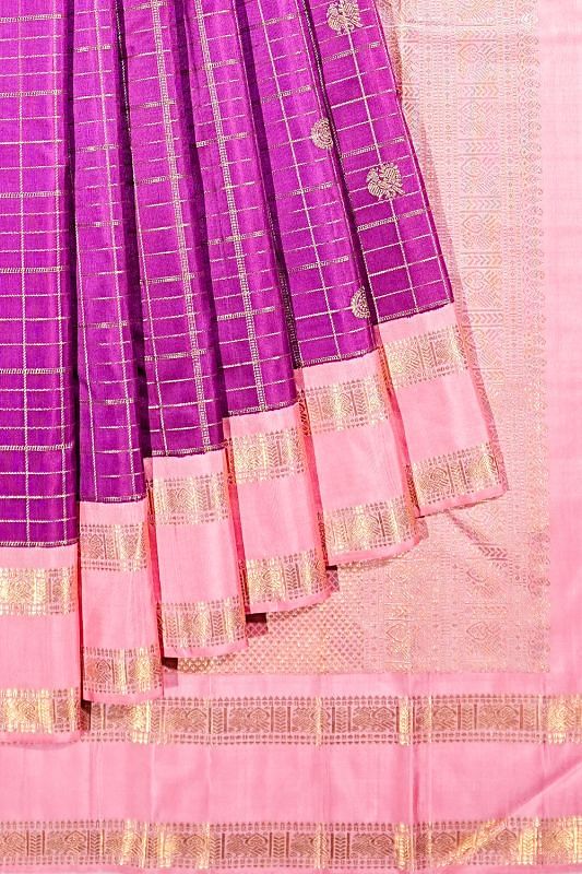 Classic Kanchipuram Silk Checks And Butta Purple Saree