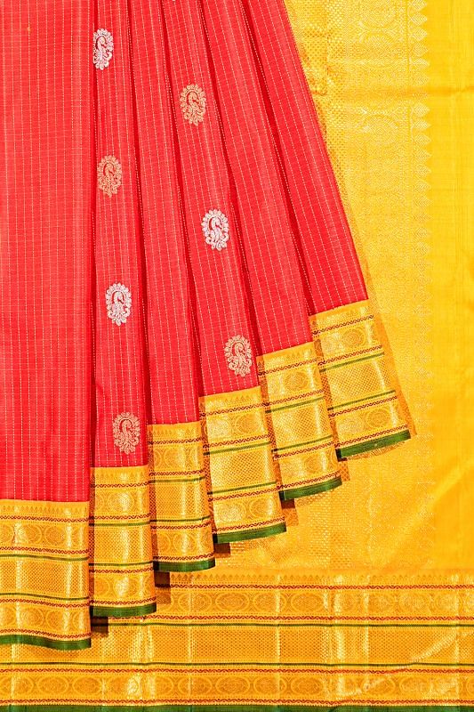 Kanchipuram Silk Checks And Butta Red Saree