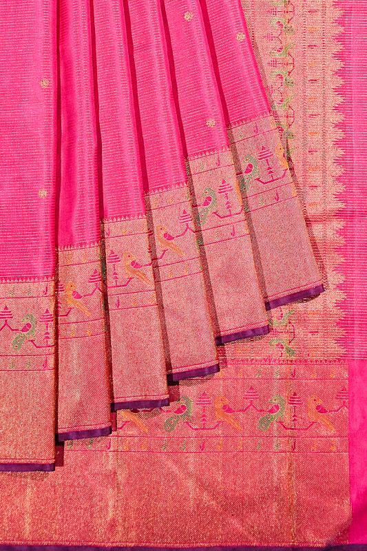 Kanchipuram Silk Oosi Lines And Butta Rani Pink Saree