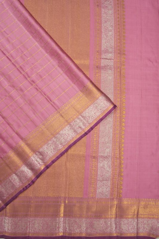 Kanchipuram Silk Twill Checks Pink Saree