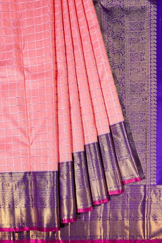 Kanchipuram Silk Checks And Butta Pink Saree