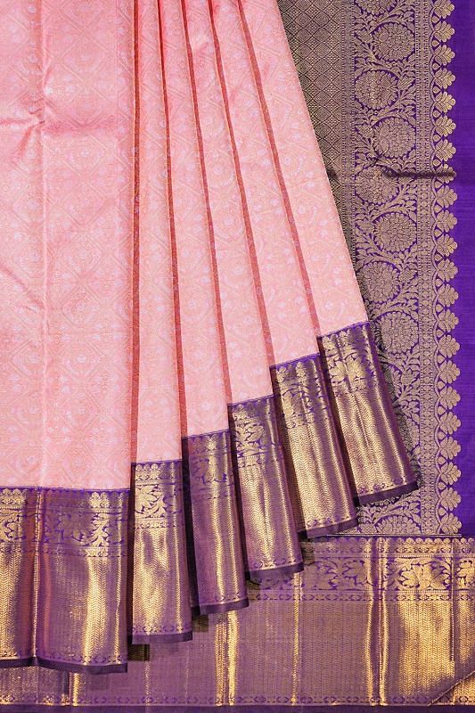 Kanchipuram Silk Criss Cross Checks And Butta Pink Saree