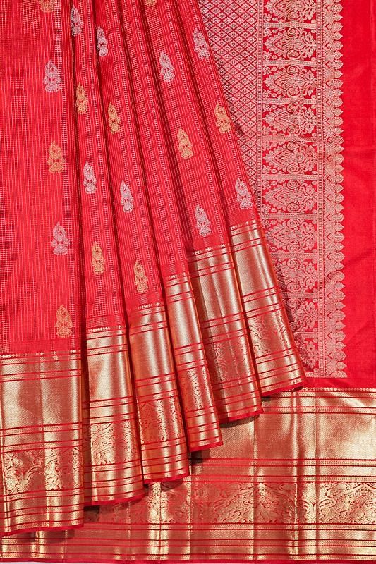 Kanchipuram Silk Checks And Butta Red Saree