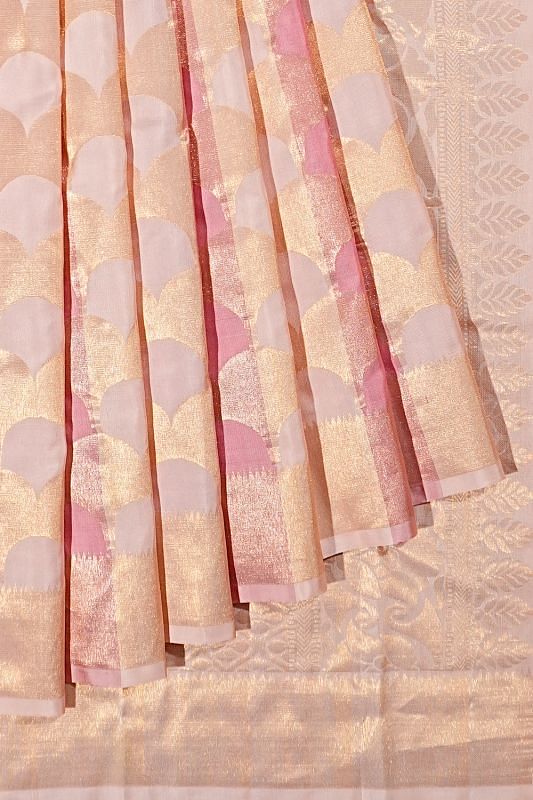 Kanchipuram Silk Geometrical Brocade White And Pink Saree