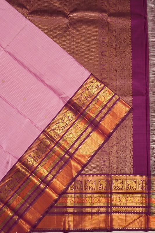 Kanchipuram Silk Checks And Butta Pink Saree