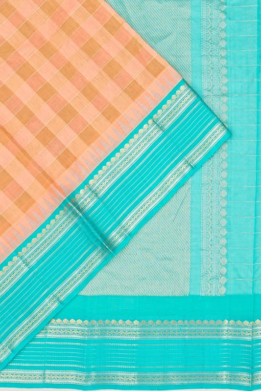 Kanchi Kora Organza Checks Pastel Orange Saree