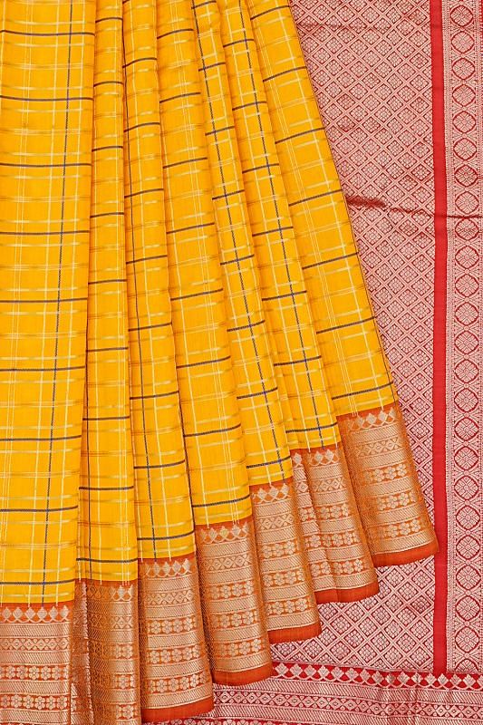 Kanchipuram Silk Checks Yellow Saree