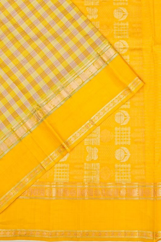 Kanchi Kora Organza Silk Checks Yellow Saree