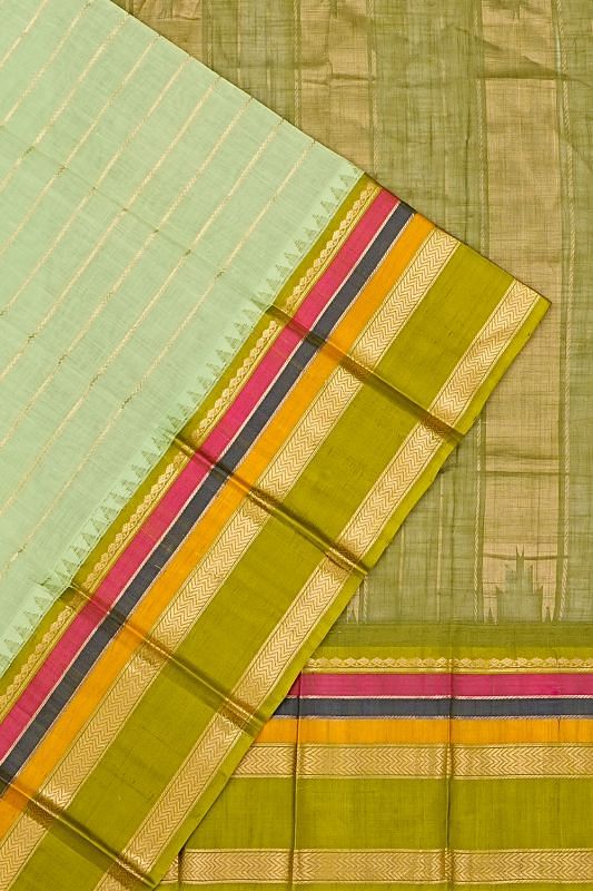 Kuppadam Cotton Silk Horizontal Lines Pastel Green Saree