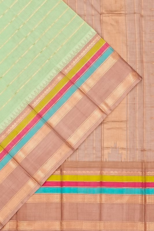 Kuppadam Cotton Silk Horizontal Lines Pastel Green Saree