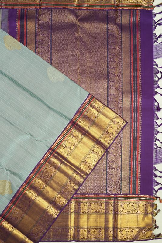 Kanchipuram Silk Vertical Lines And Butta Greyish Blue Saree