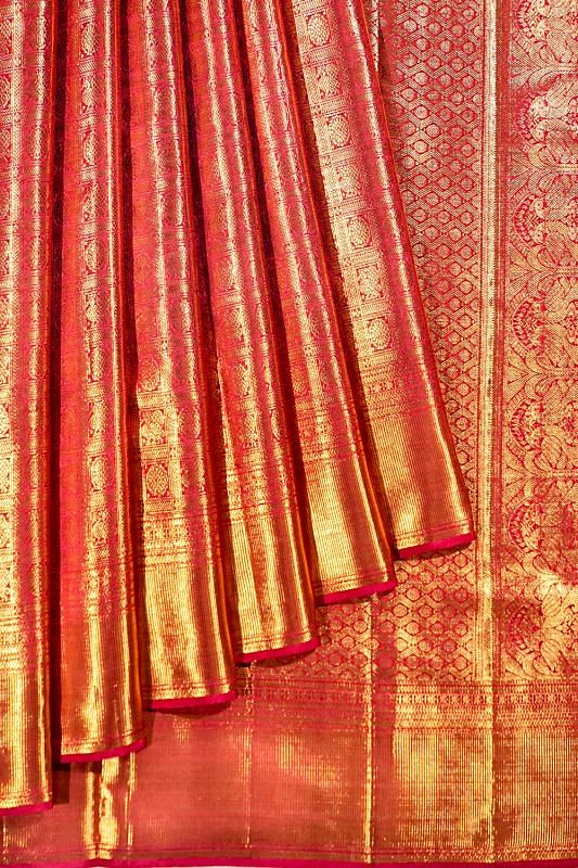 Kanchipuram Silk Checks And Butta Redish Pink Saree