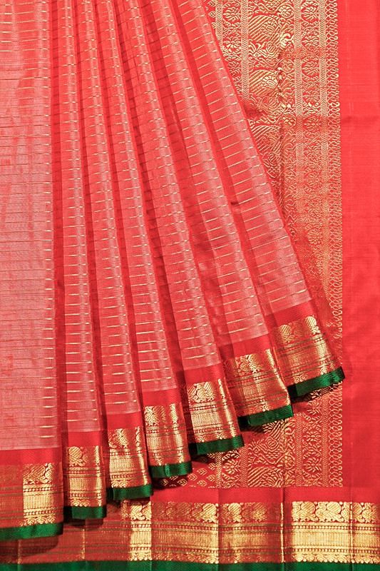 Kanchipuram Silk Horizontal Lines Red Saree