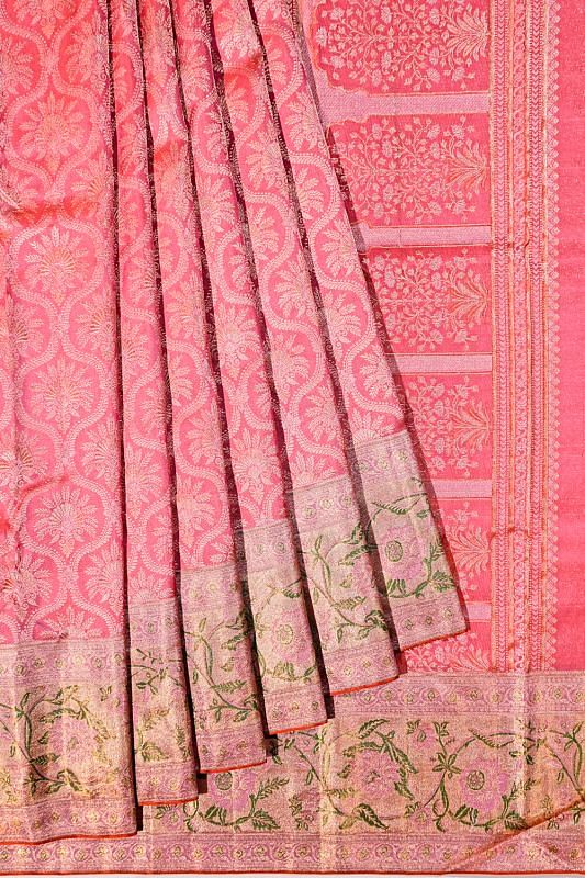 Kanchipuram Silk Brocade Dual Tone Pink And Orange Saree