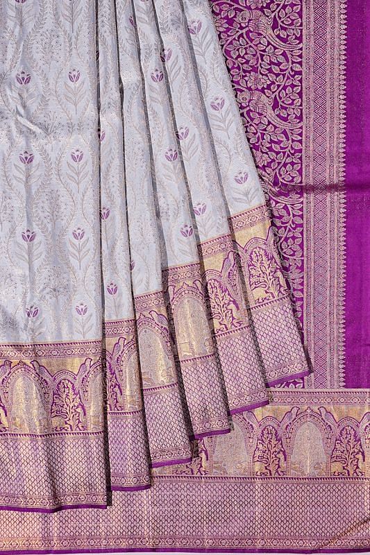 Taranga Kanchi Silk Brocade Pastel Grey Saree