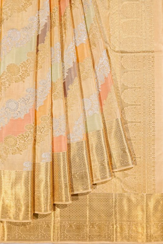 Kanchipuram Silk Jaal Rangkat Cream Saree