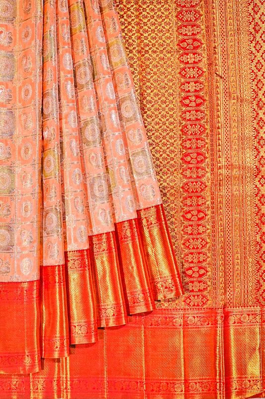 Kanchipuram Silk Checks And Butta Peach Saree