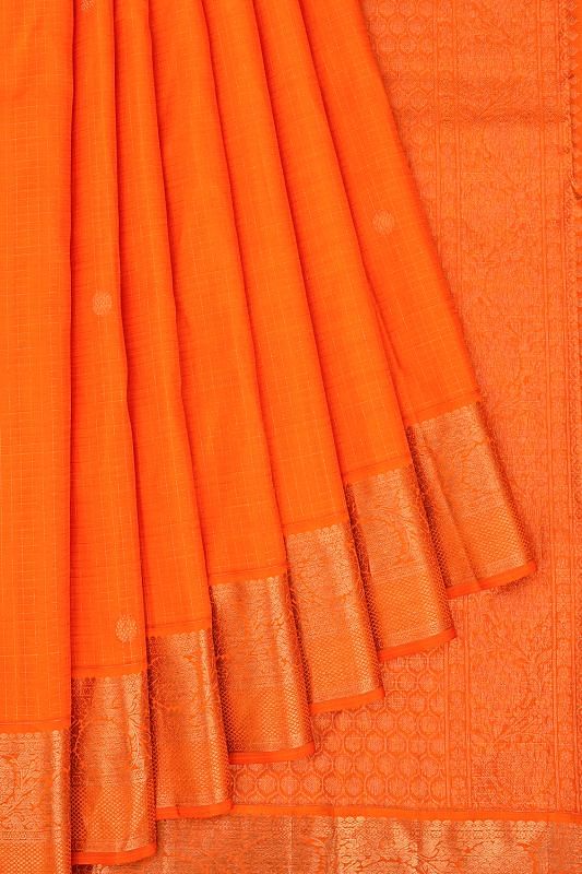 Kanchipuram Silk Checks And Butta Orange Saree