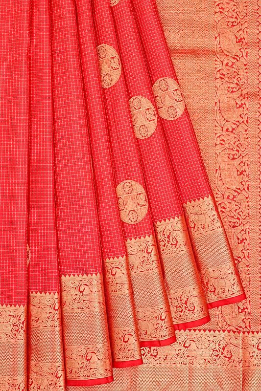 Kanchipuram Silk Checks And Butta Red Saree