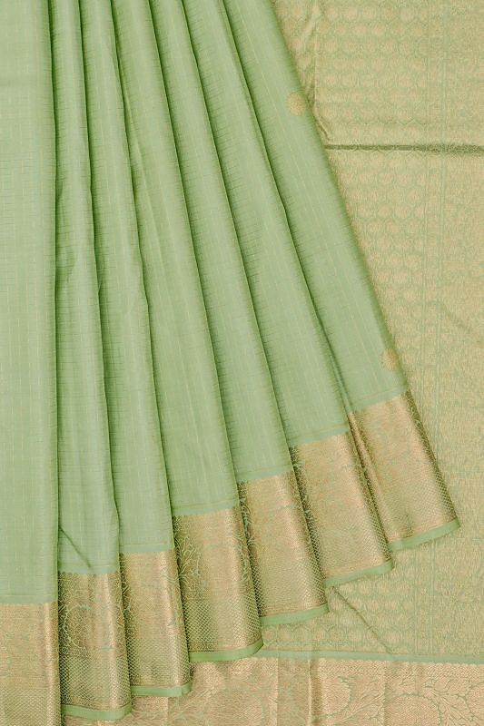 Kanchipuram Silk Checks And Butta Pista Green Saree