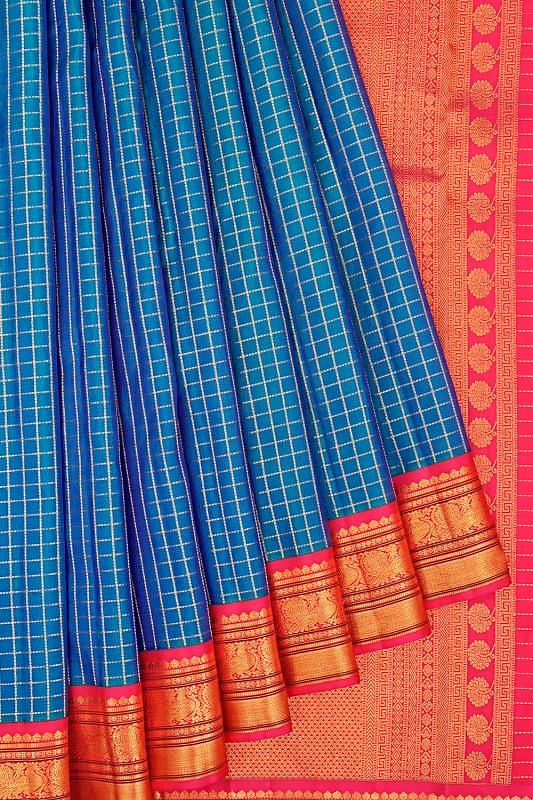 Classic Kanchipuram Silk Checks Dual Tone Green And Blue Saree