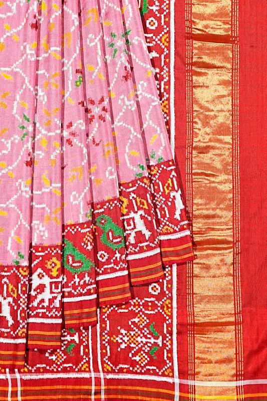 Patan Patola Silk Double Ikat Phul Bhat Baby Pink Saree