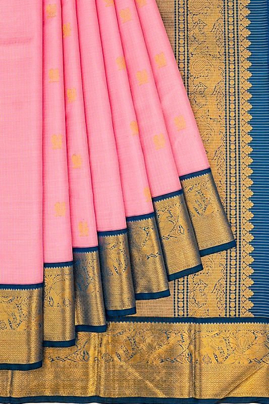 Kanchipuram Silk Checks And Butta Pink Saree