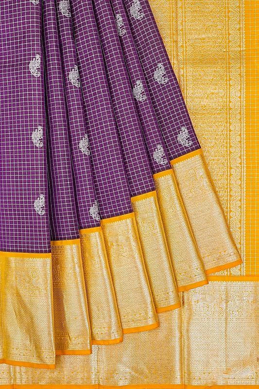 Kanchipuram Silk Checks And Butta Violet Saree