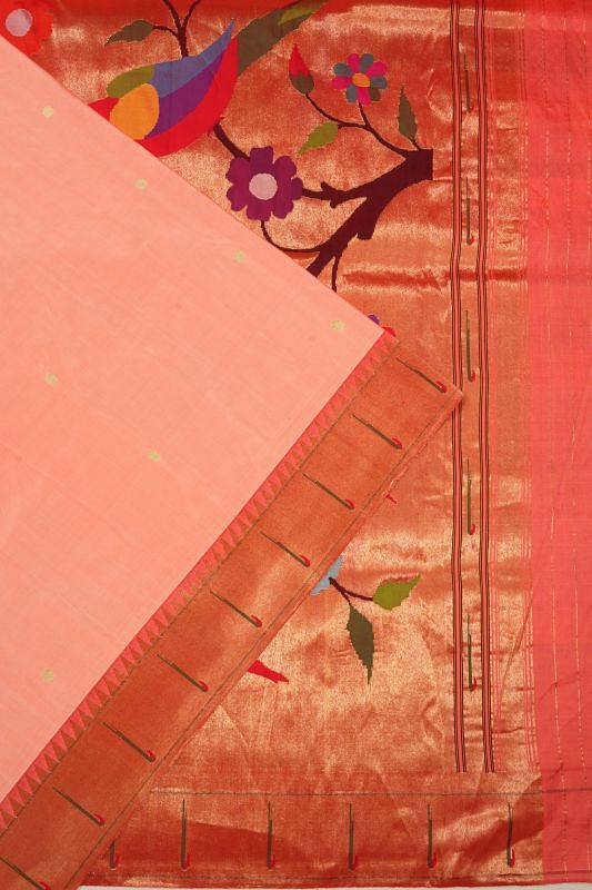 Paithani Silk Butta Peach Saree With Single Muniya Border