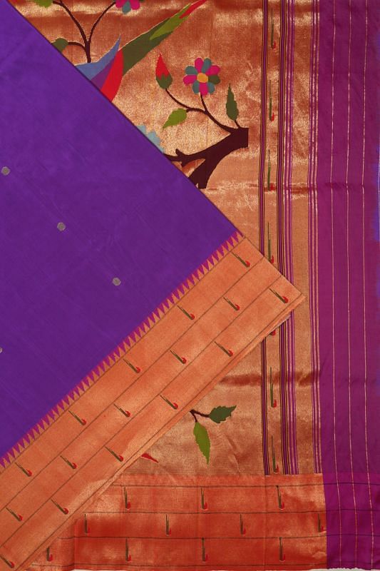 Paithani Silk Butta Violet Saree With Triple Muniya Border