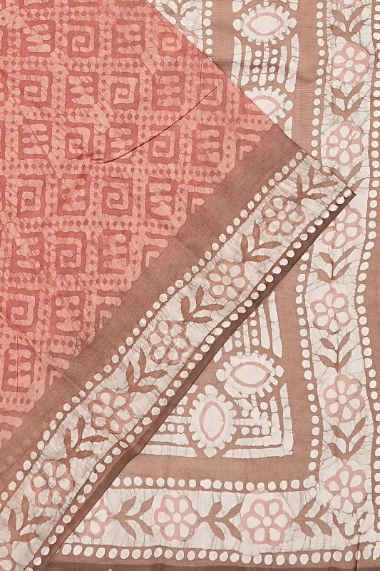 Soft Tussar Batik Printed Peach And Brown Saree