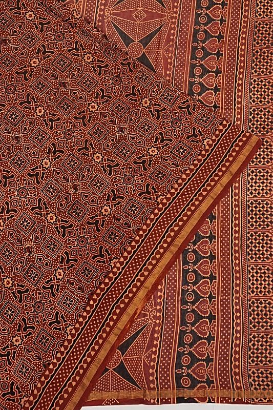 Chanderi Cotton Ajrak Printed Brown Saree