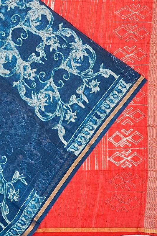 Chanderi Cotton Shibori Printed Blue Saree