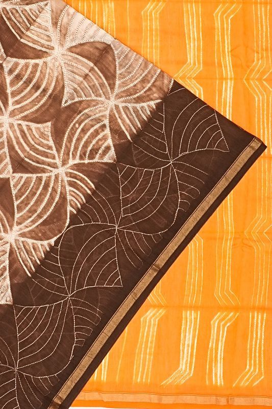 Chanderi Cotton Shibori Printed Brown Saree