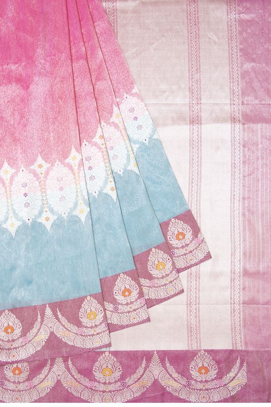 Banarasi Kora Organza Tissue Plain Pink And Sky Blue Saree