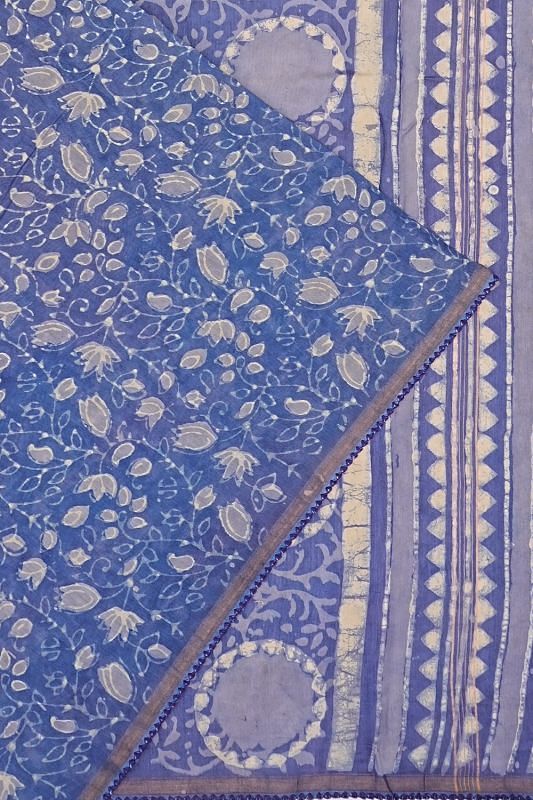 Chanderi Cotton Batik Printed Blue Saree