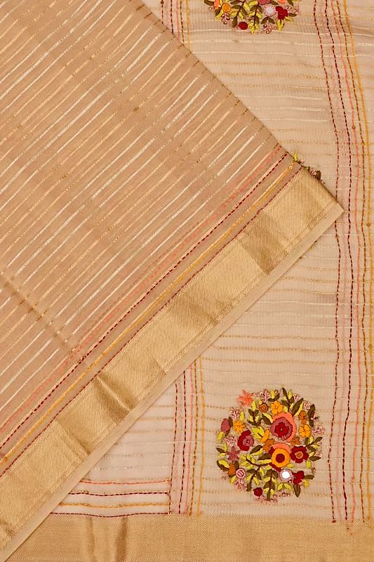 Organza Tissue Horizontal Lines Beige Saree