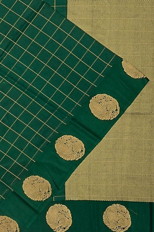 Banarasi Katan Silk Checks Dark Green Saree