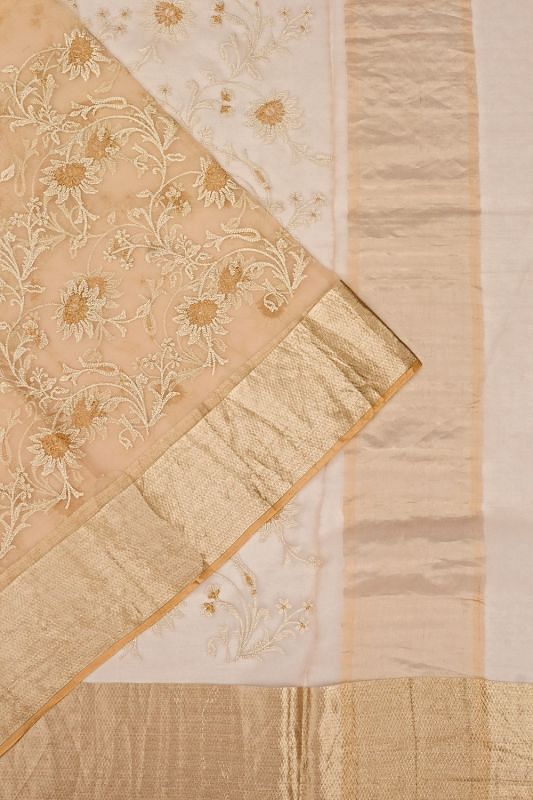 Organza Embroidery Brocade Cream Saree