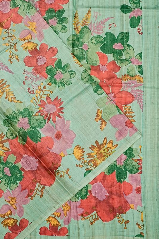 Tussar Floral Printed Sea Green Saree