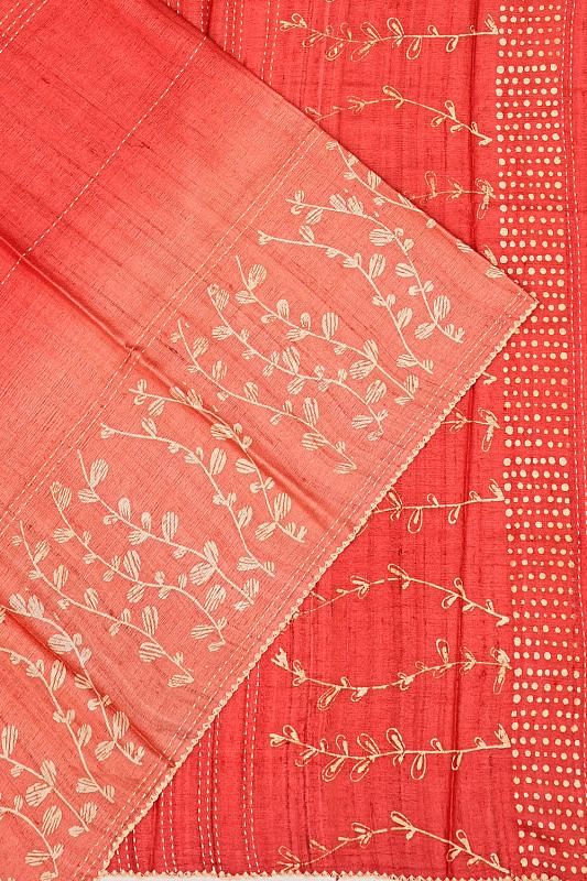 Tussar Batik Printed Red Saree With Kantha Work